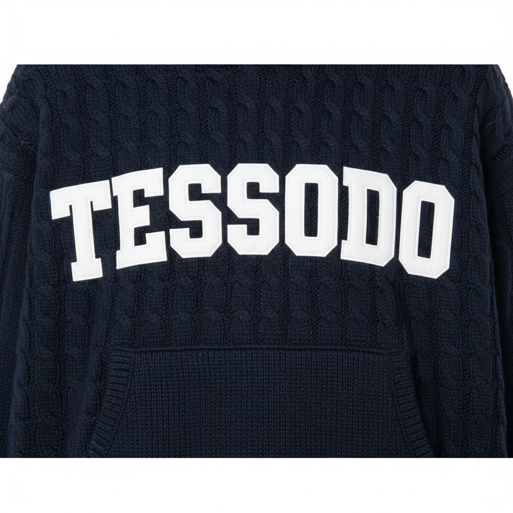 TESSODO Heavyweight Knit Hoodie - chest bold print close-up