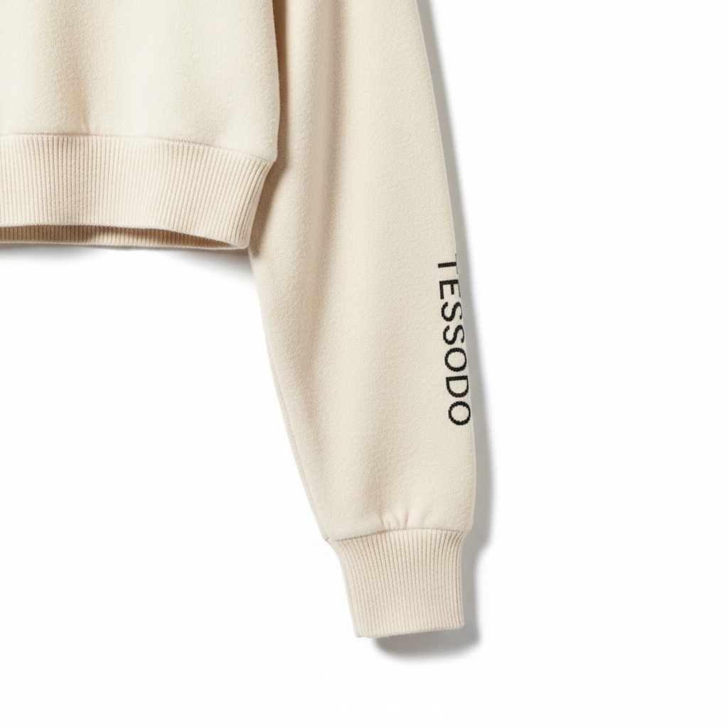 TESSODO Cropped Knit Hoodie - sleeve print close-up