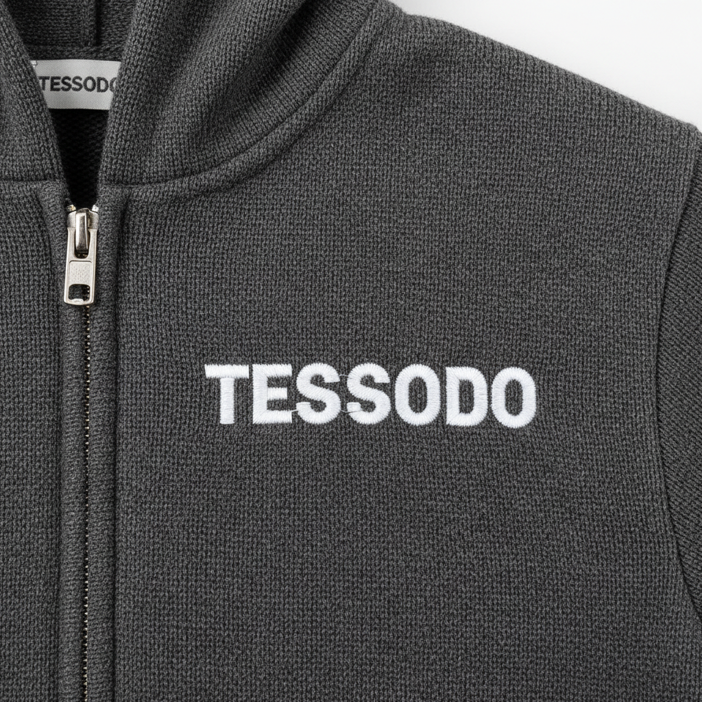 TESSODO Zip-Up Knit Hoodie - chest embroidery close-up